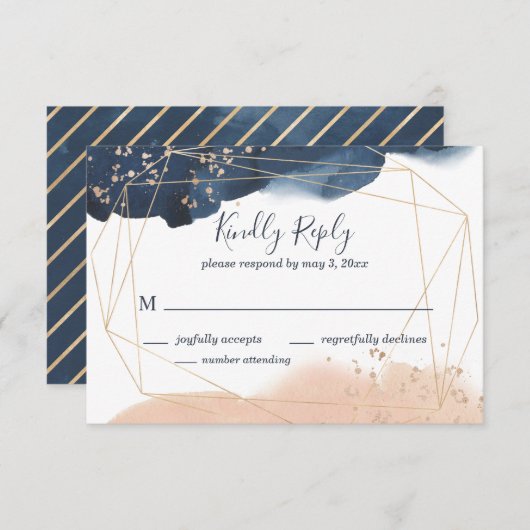 Geometrische bruiloft RSVP in marine, goud en blos (Voorkant / Achterkant)