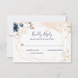Geometrische bruiloft RSVP in marine, goud en blos