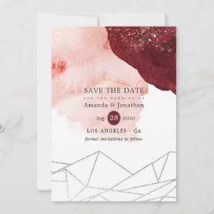 Geometrische bruiloft van de Waterverf Burgundy en Save The Date