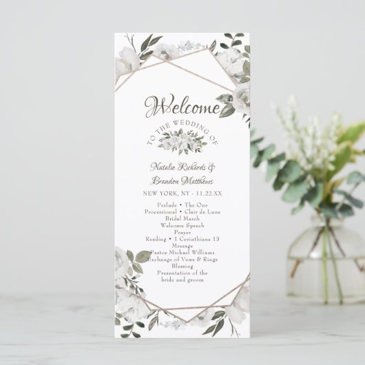 Geometrische Cherish White Floral bruiloft ceremon Programma (Staand voorkant)