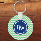 Geometrische Chevron Patroon op groen en wit monog Sleutelhanger (Voorkant)
