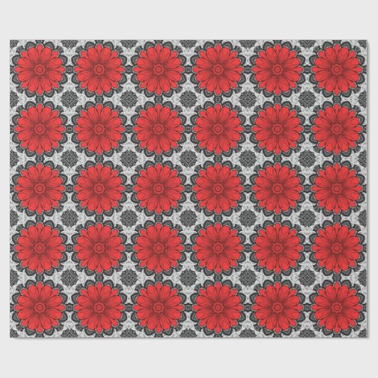 Geometrische Daisy Pattern in Red Black & White Cadeaupapier (Vlak)