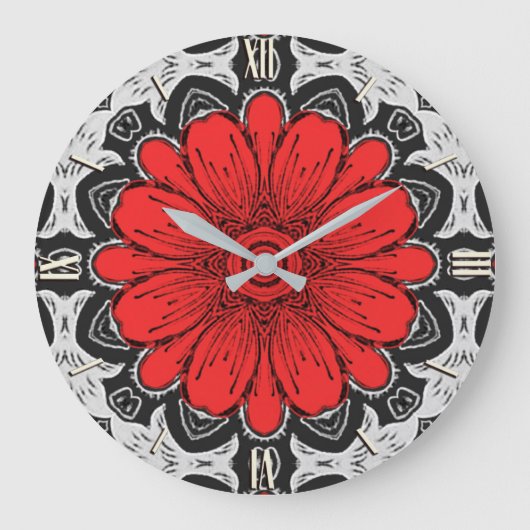 Geometrische Daisy Pattern in Red Black & White Grote Klok (Voorkant)