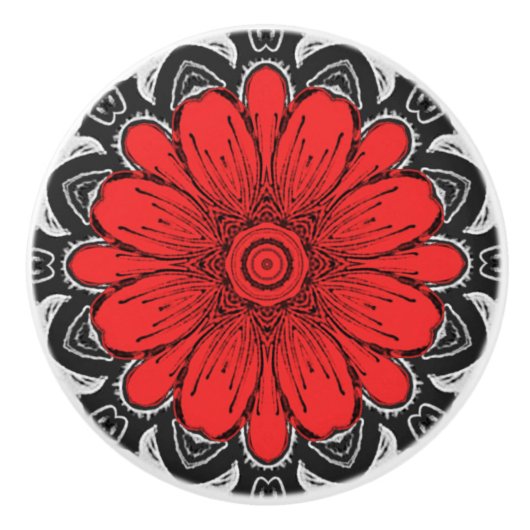 Geometrische Daisy Pattern in Red Black & White Keramische Knop (Voorkant)
