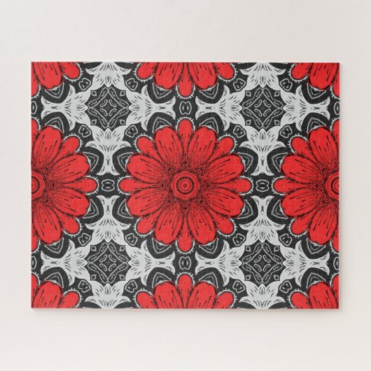 Geometrische Daisy Pattern in Red Black & White Legpuzzel (Horizontaal)
