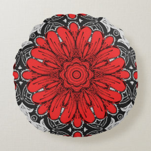 Geometrische Daisy Pattern in Red Black & White Rond Kussen