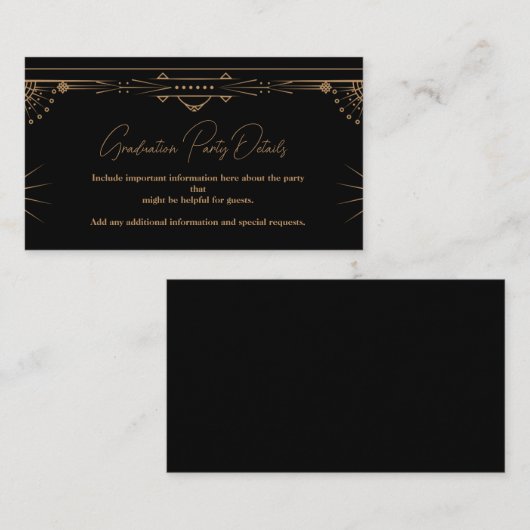 Geometrische Dark Black Gold Gatsby Afstuderen Informatiekaartje (Voorkant / Achterkant)