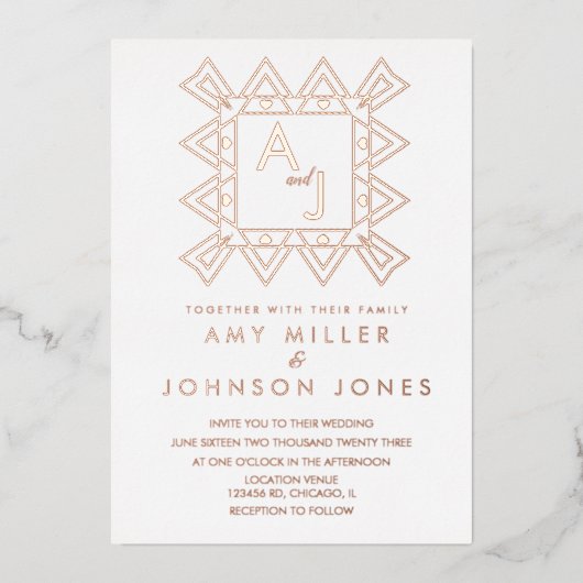 Geometrische decoratieve hartgrens geperst folie uitnodiging (Voorkant)