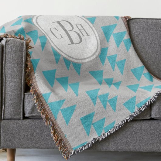 Geometrische driehoek Aqua en grijs monogram patro Deken