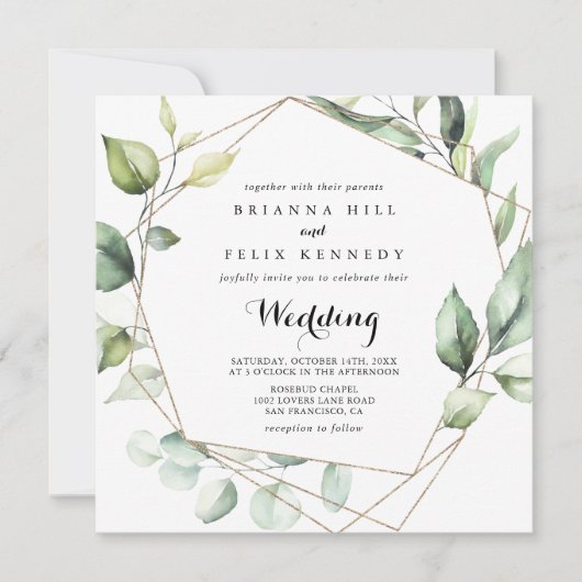 Geometrische Elegant Gold Green Front & Back Weddi Kaart (Voorkant)