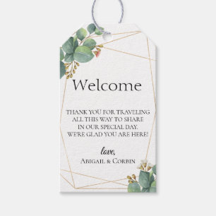Geometrische eucalyptus bruiloft welkomsttas cadeaulabel