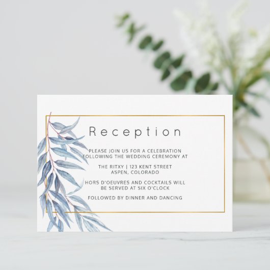 Geometrische eucalyptus verlaat bruiloft receptie informatiekaartje
