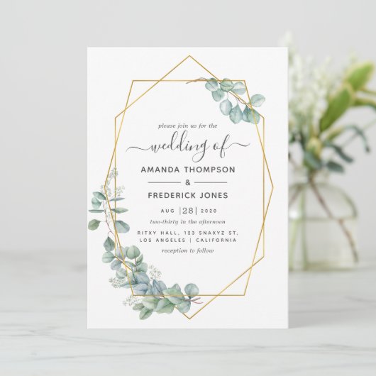 Geometrische Eucalyptusbruiloft Kaart (Staand voorkant)
