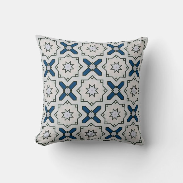 Geometrische Floral Pattern in White Black and Blu Kussen (Voorkant)