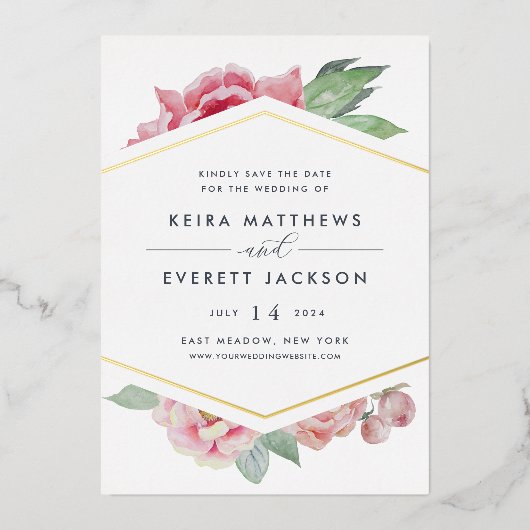 Geometrische Folie Floral Sla de datumkaart op Folie Uitnodiging (Voorkant)