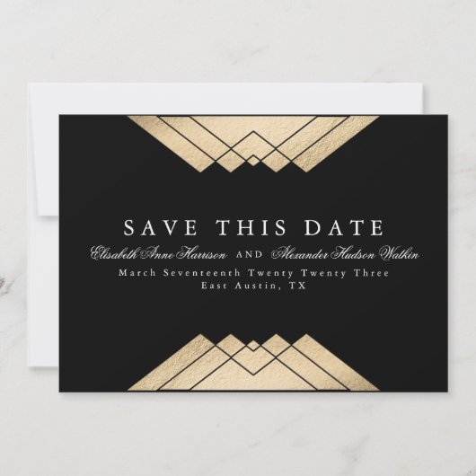Geometrische Gatsby Gold Faux Folie Deze datum ops Aankondiging (Voorkant)
