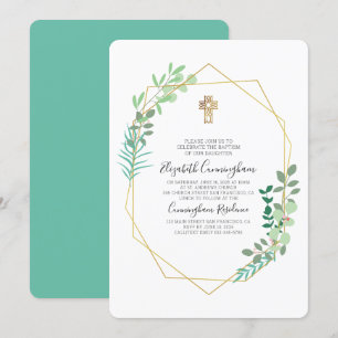 Geometrische gebladerte Gouden Kruis doop uitnodig Kaart