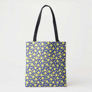 Geometrische gele cirkels op blauwe canvas tas