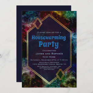 Geometrische Gold Blue Glitter Housewarming Party Kaart