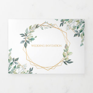 Geometrische gouden blad Trifold bruiloft uitnodig Drieluik Uitnodiging