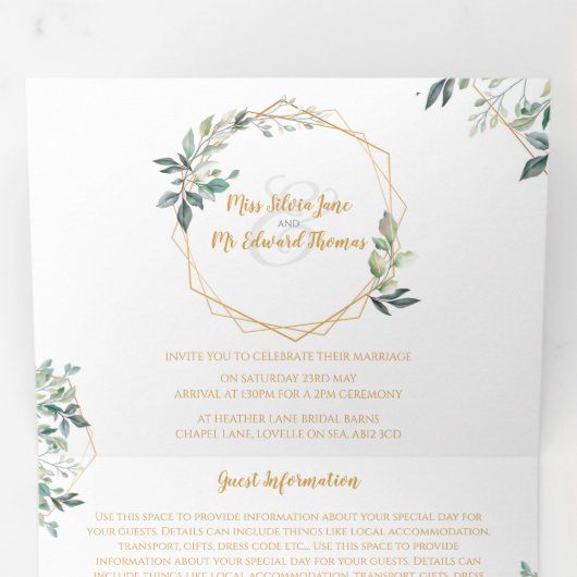 Geometrische gouden blad Trifold bruiloft uitnodig Drieluik Uitnodiging (Binnenzijde eerst)