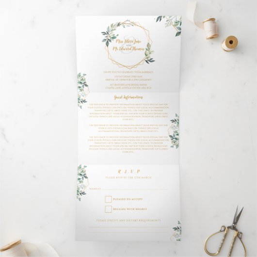Geometrische gouden blad Trifold bruiloft uitnodig Drieluik Uitnodiging (Binnen)