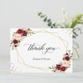 Geometrische gouden lijst bordeauxrode bloemige br bedankkaart (Staand voorkant)