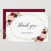 Geometrische gouden lijst bordeauxrode bloemige br bedankkaart (Voorkant / Achterkant)