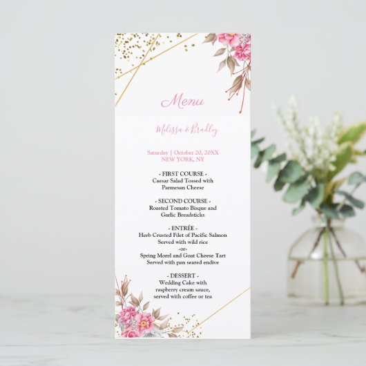 Geometrische gouden lijst roze bloemenuitnodiging  programma (Staand voorkant)