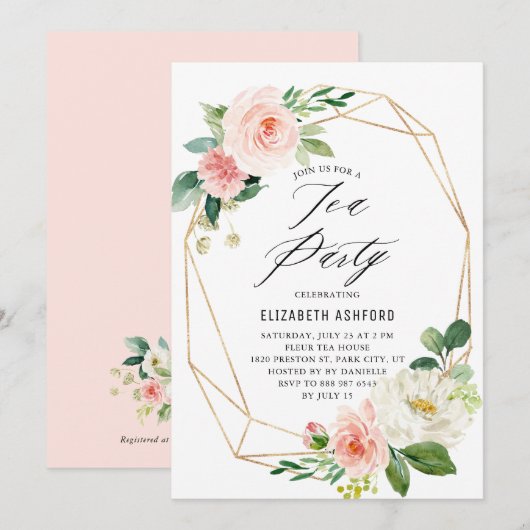 Geometrische goudroze Lijst Pink Florals Tea Kaart (Voorkant / Achterkant)