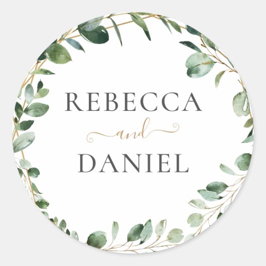 Geometrische Greenery Eucalyptus Personalized Wedd Ronde Sticker (Voorkant)