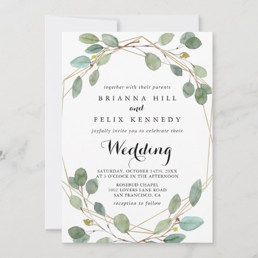 Geometrische groen Eucalyptus Front & Rug bruiloft Kaart (Voorkant)