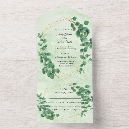 Geometrische groen Eucalyptus Leaves Wedding All In One Uitnodiging (Binnen)