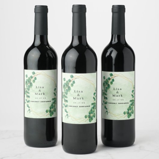 Geometrische groen Eucalyptusbladeren Wijn Etiket (Flessen)