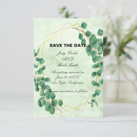 Geometrische groene Eucalyptus laat de datum op Informatiekaartje (Staand voorkant)