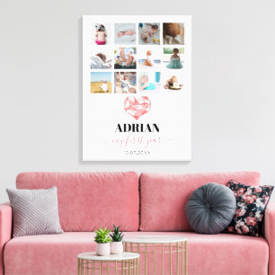Geometrische Hart Baby's Eerste Jaar Fotocollage Canvas Afdruk