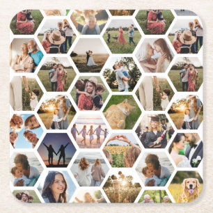 Geometrische hexagon patroon fotocollage vierkante kartonnen onderzetter