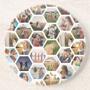 Geometrische hexagon patroon fotocollage zandsteen onderzetter