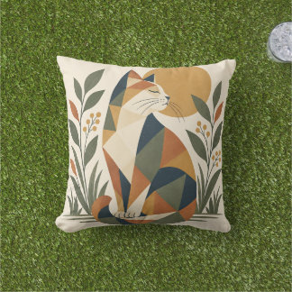 Geometrische kat botanische kunst buitenkussen