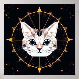 Geometrische kattenkunst met gouden sterren voor m poster