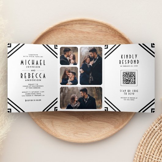 Geometrische kunst Deco Black en White QR Code Wed Drieluik Uitnodiging