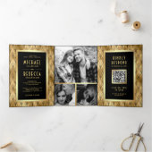 Geometrische kunst Deco Black Gold QR Code Weddens Drieluik Uitnodiging (Binnen)