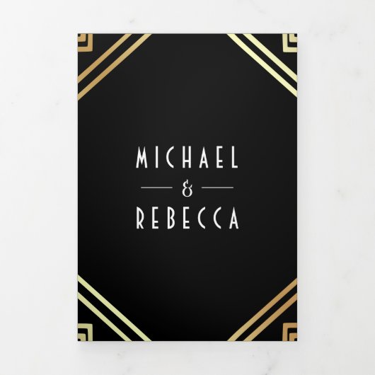 Geometrische kunst Deco Black Gold QR Code Weddens Drieluik Uitnodiging (Cover)