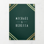 Geometrische kunst Deco Emerald Gold QR Code Wedde Drieluik Uitnodiging (Cover)