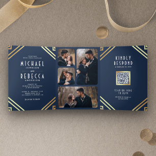 Geometrische kunst Deco Navy Blue Gold QR Code Wed Drieluik Uitnodiging