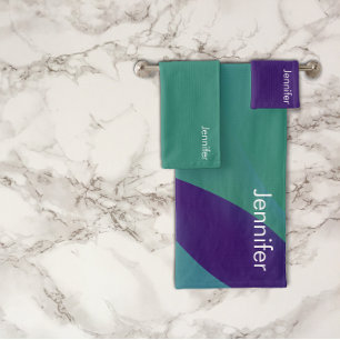 Geometrische lavendel turquoise violet met naam bad handdoek