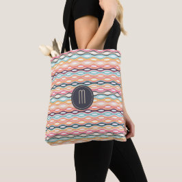 Geometrische lijnretropatroonmonogram tote bag