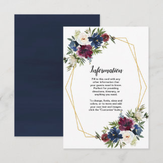 Geometrische lijst bordeaux marine bloemen bruilof kaart