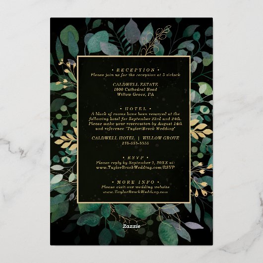 Geometrische lijst groene en gouden bladeren goud folie uitnodiging (Achterkant)