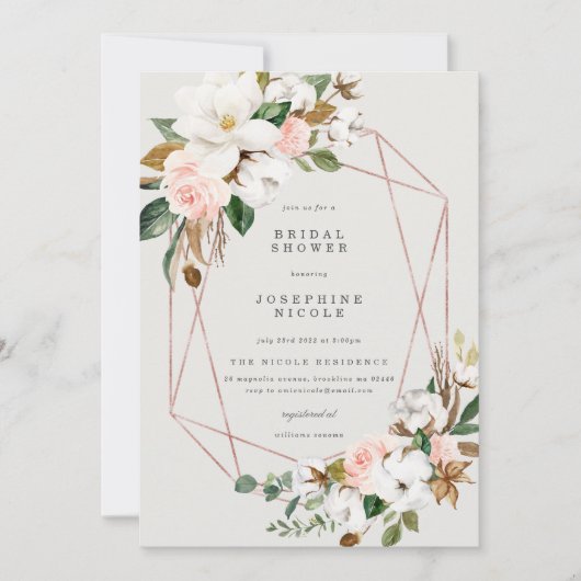 Geometrische Magnolia Bruidsfeest Uitnodiging (Voorkant)